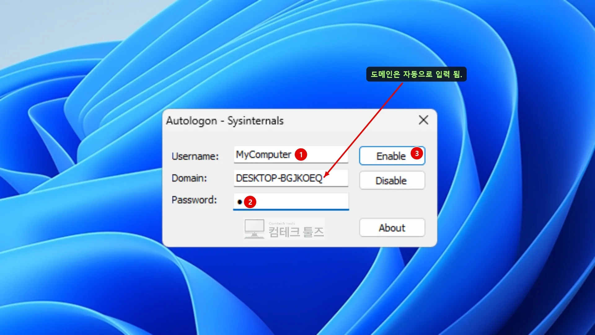 Autologon 대화 상자에 비밀번호를 입력하고 Enable 버튼을 클릭하는 화면