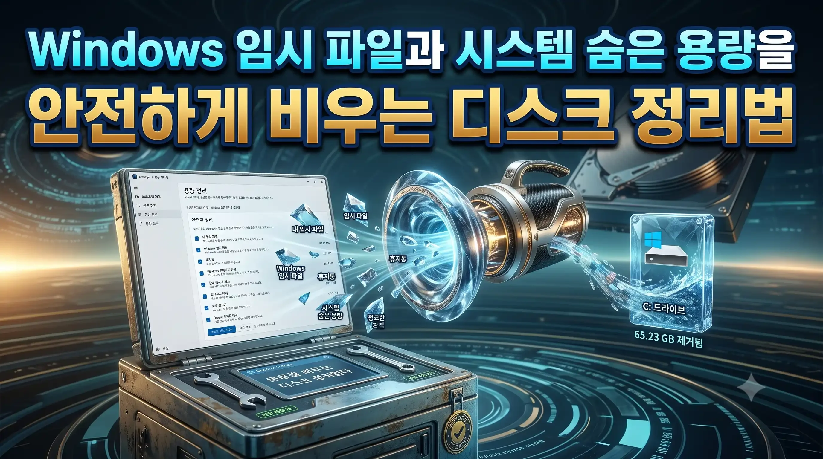 DriveOpt 용량 정리 화면에서 안전한 정리 항목들과 Windows 숨은 용량 관리 버튼이 배치된 모습