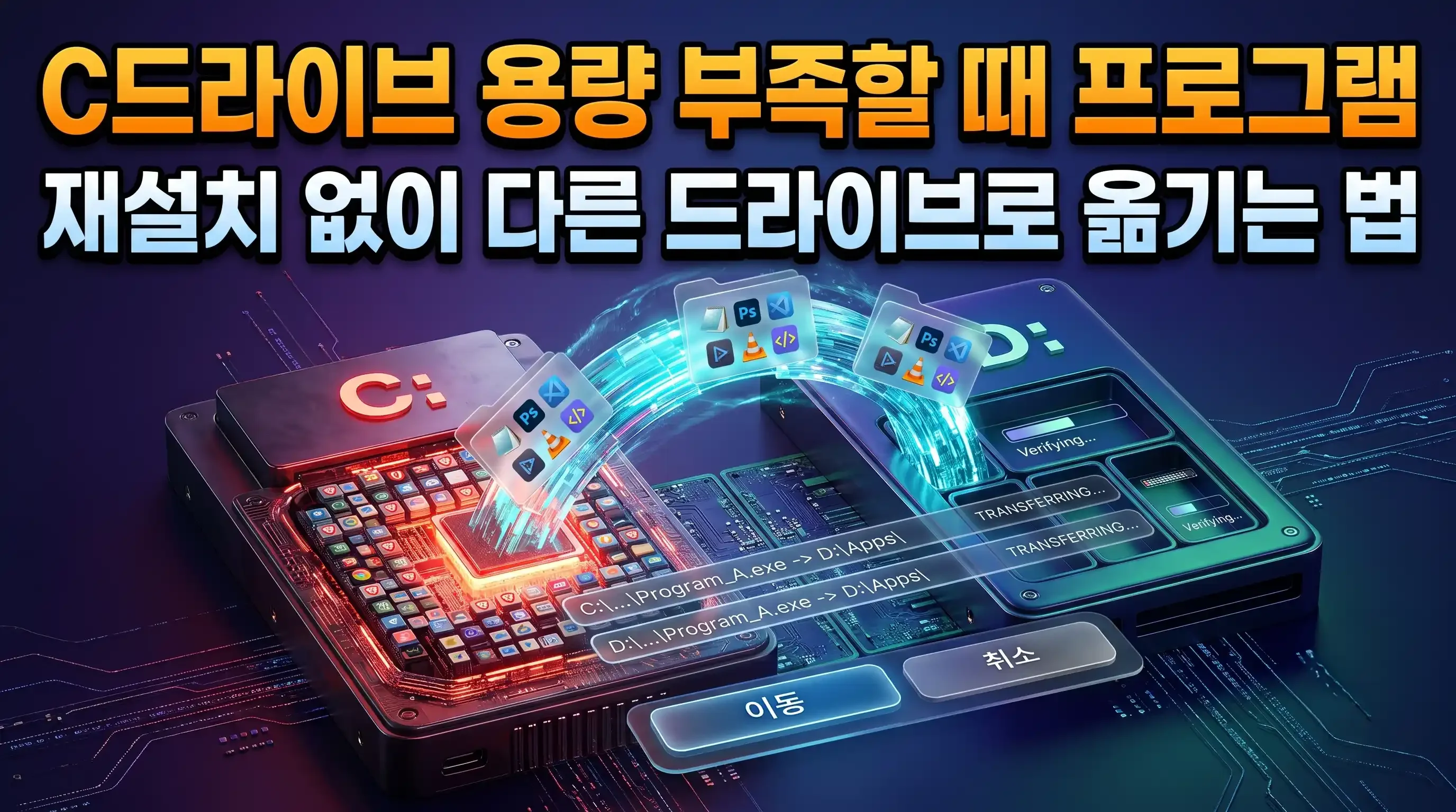 DriveOpt 프로그램 이동 화면에서 원본 폴더와 대상 폴더를 지정하고 정션 연결을 준비하는 화면