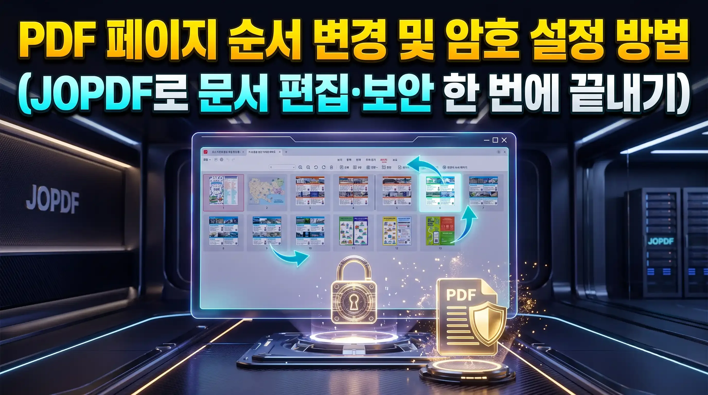 JOPDF 바둑판 페이지 관리 화면에서 순서를 드래그하여 변경하고 문서 암호 설정창을 호출한 화면