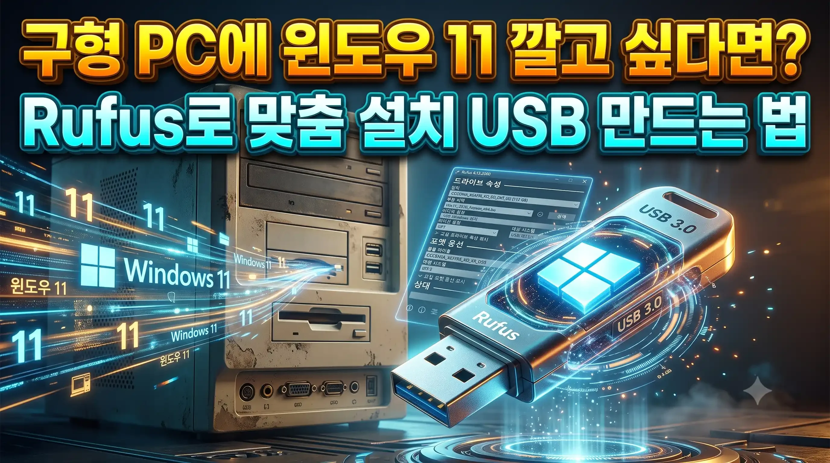 Rufus 메인 화면에서 윈도우 11 ISO를 선택하고 사용자 맞춤 옵션을 적용하는 설정 창