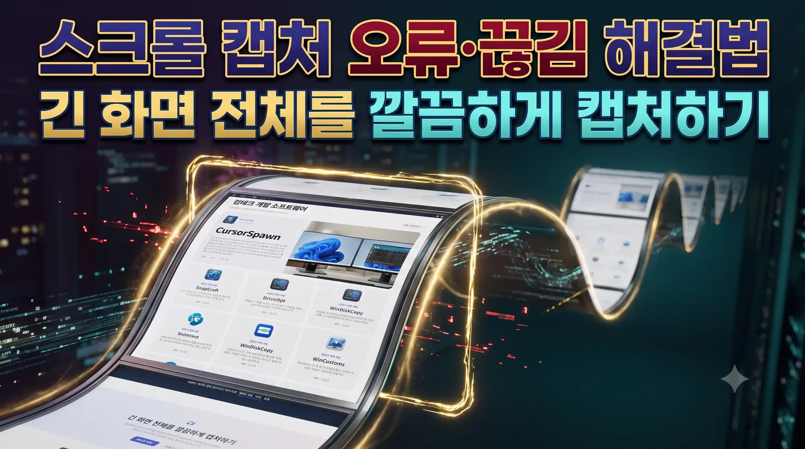 SnapCraft 스크롤 캡처 시 작동하는 연두색 상태 링과 상세 캡처 투명 네이비 프레임이 결합된 작업 화면