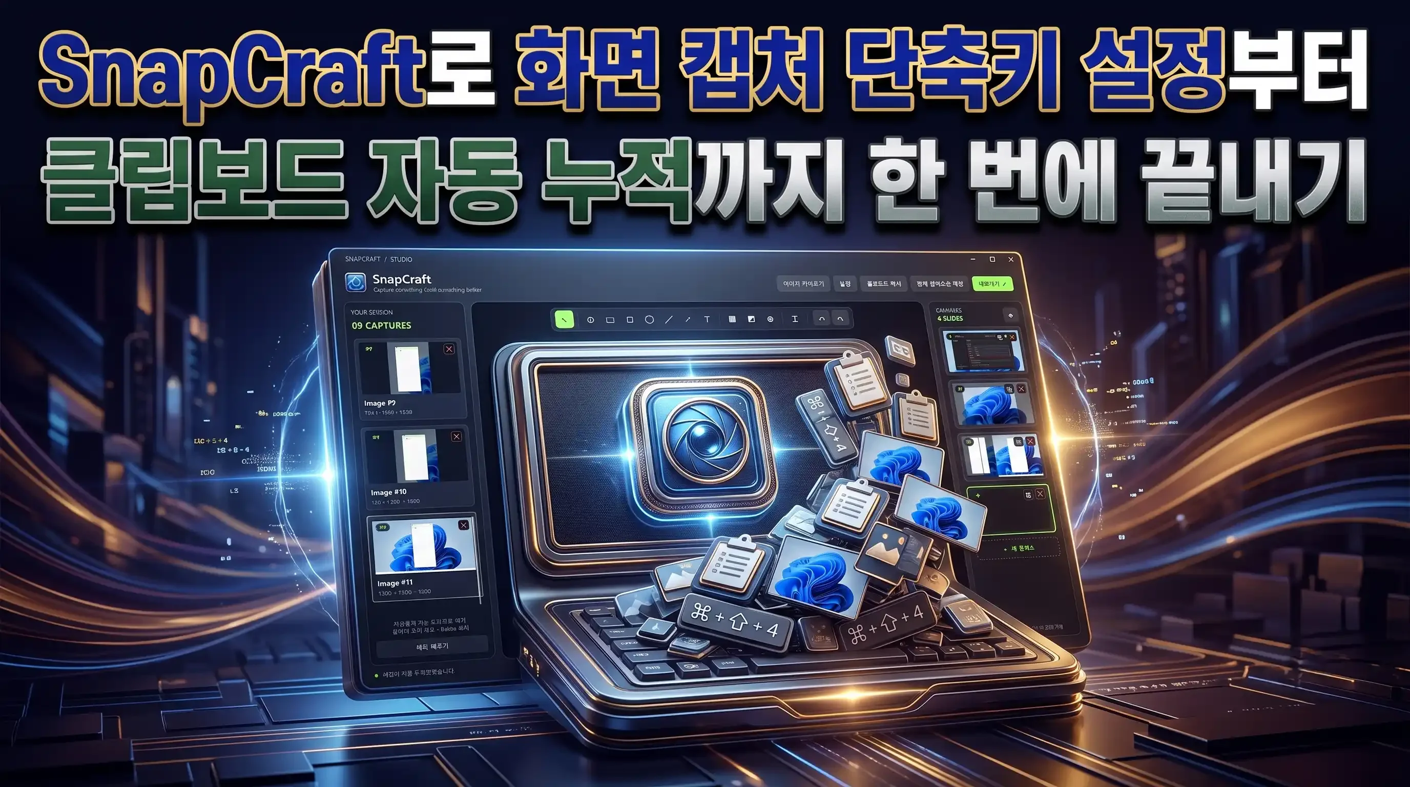 SnapCraft 설정 패널에서 화면 캡처 단축키와 캡처 후 동작을 지정하고 백그라운드에서 자동 누적하는 인터페이스 화면