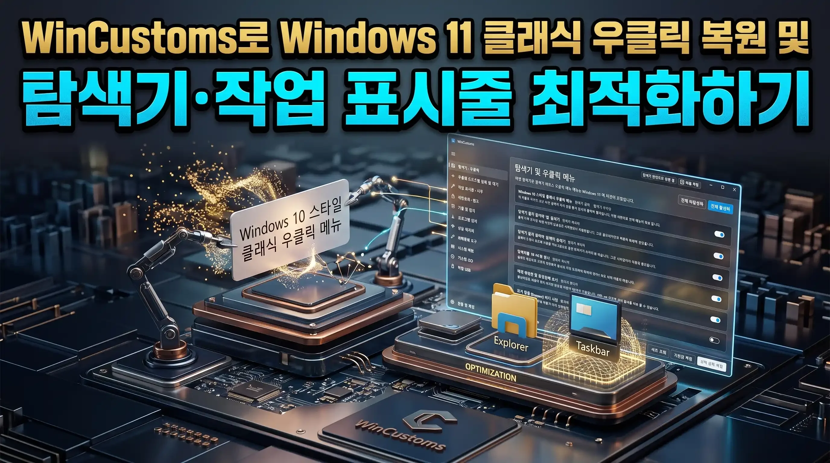 WinCustoms 탐색기 우클릭 최적화 메뉴에서 클래식 우클릭과 작업 표시줄 설정 스위치가 배치된 메인 화면