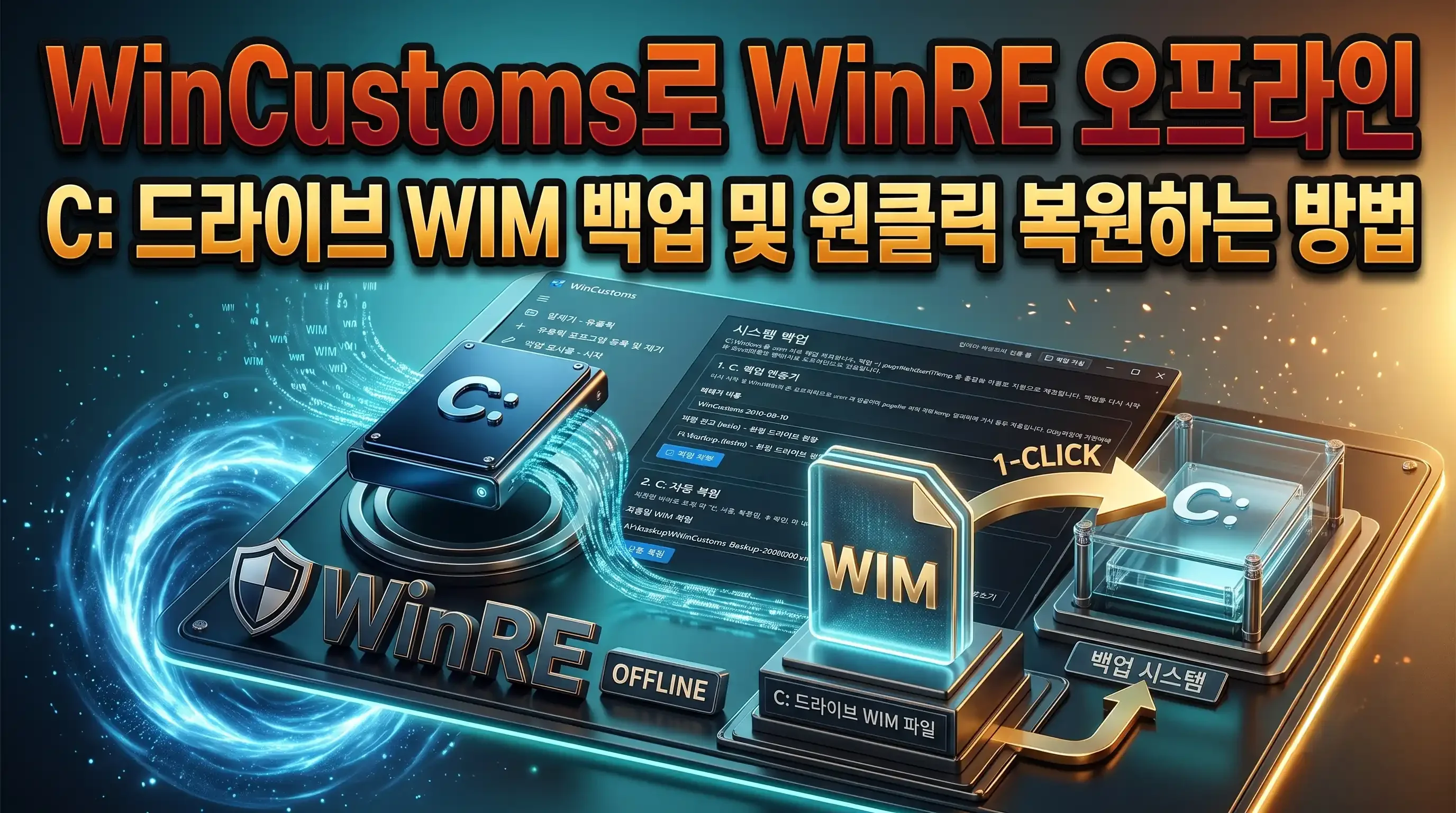 WinCustoms 시스템 백업 메뉴에서 C: 백업 만들기 카드와 자동 복원 카드가 표시된 메인 화면