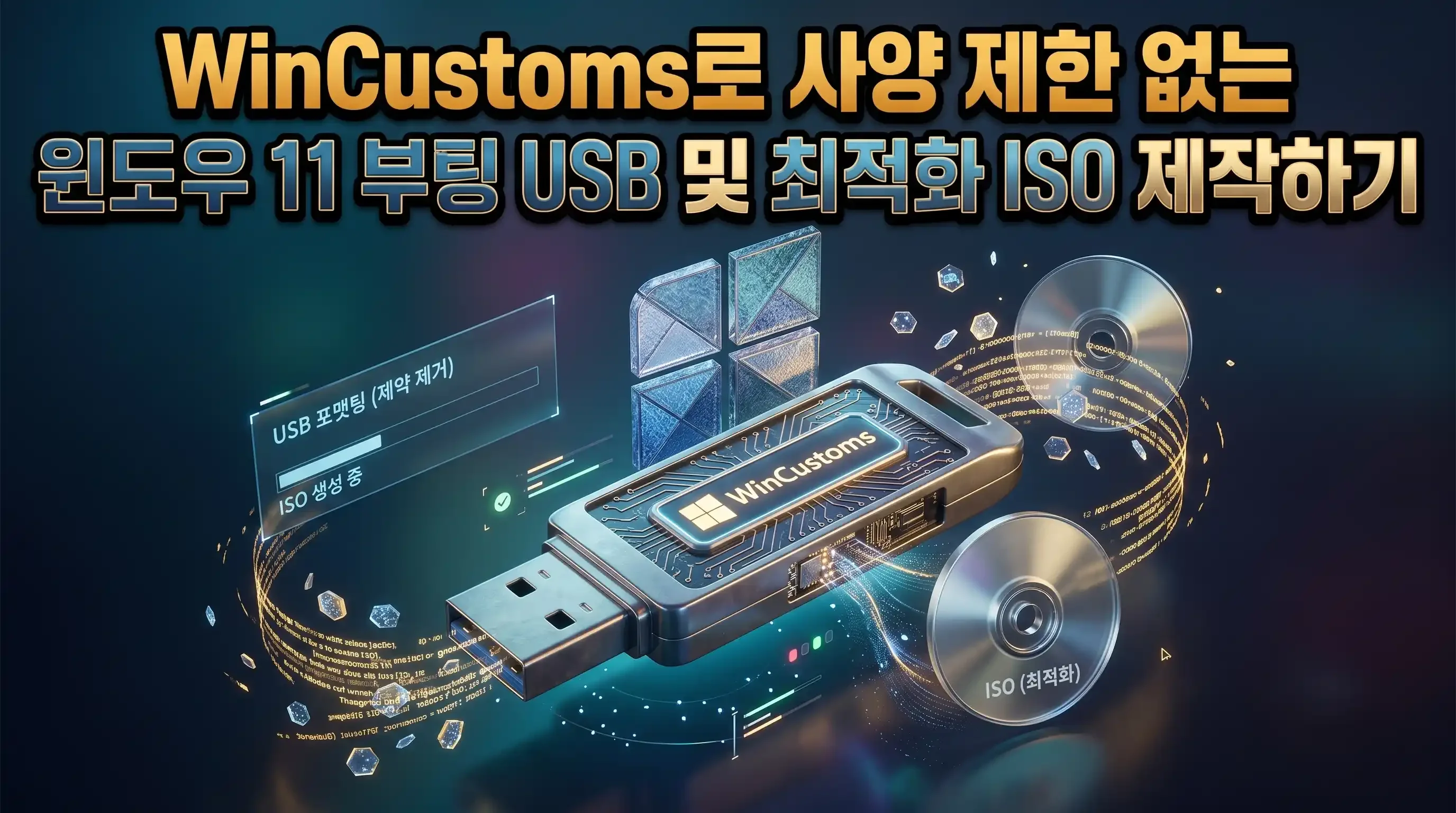 WinCustoms 부팅 USB 메뉴에서 장치 선택과 Windows 11 설치 요구사항 우회 옵션이 설정된 메인 화면
