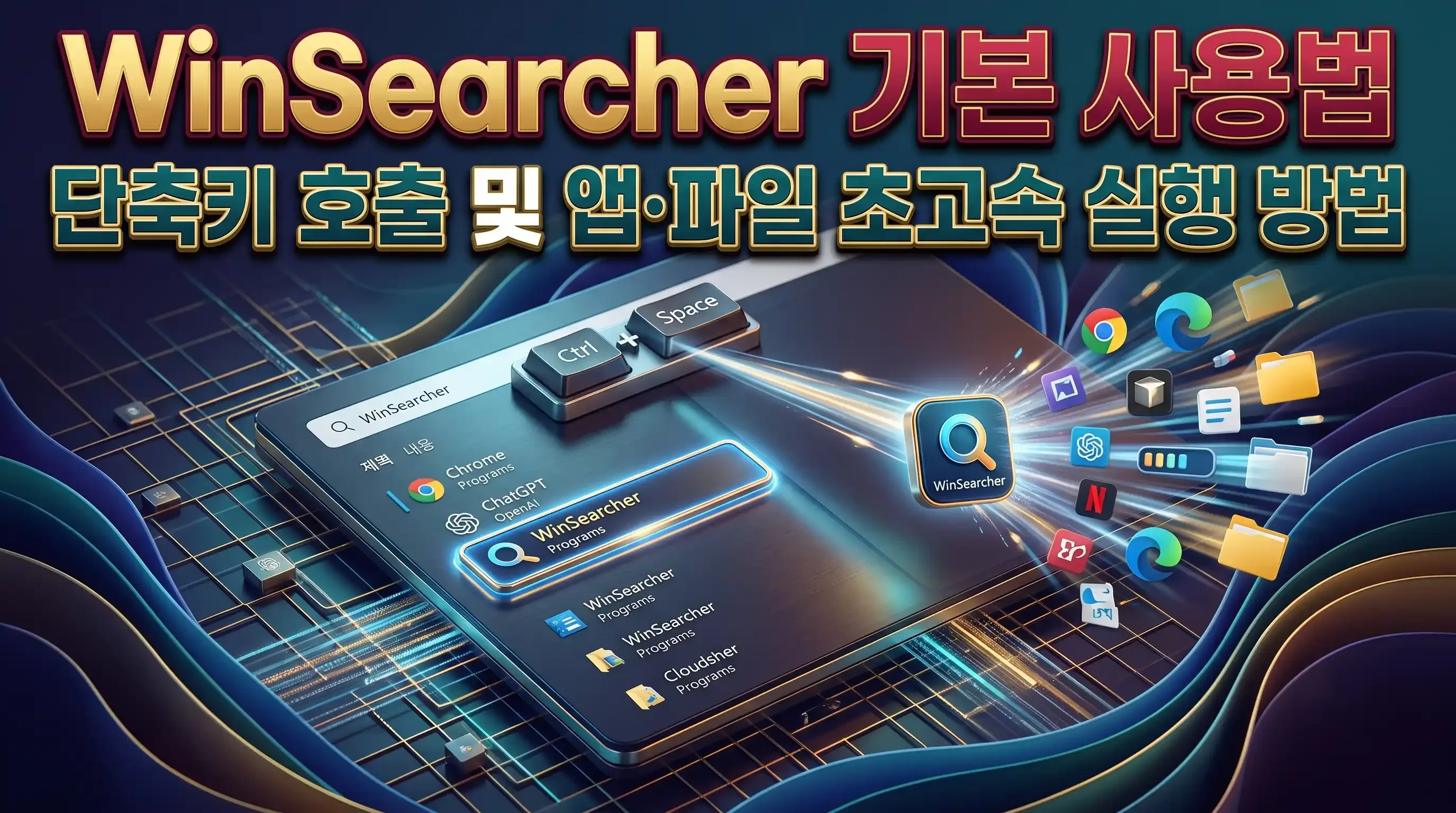 작업 표시줄 상단에 팝업된 WinSearcher 검색창과 앱 및 파일 2열 검색 결과 화면