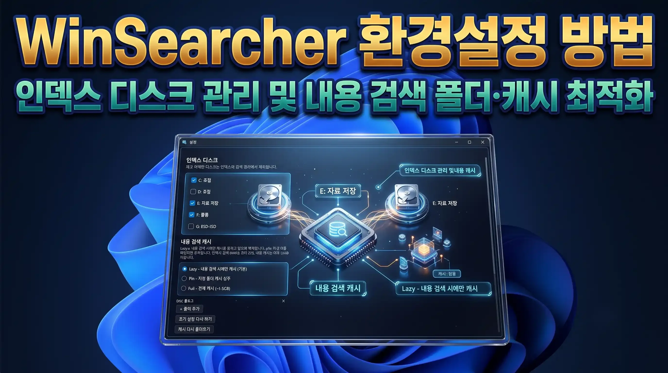 인덱스 드라이브 목록, 내용 검색 캐시 모드 선택, 대상 폴더 및 확장자 관리 항목이 배치된 WinSearcher 설정 창